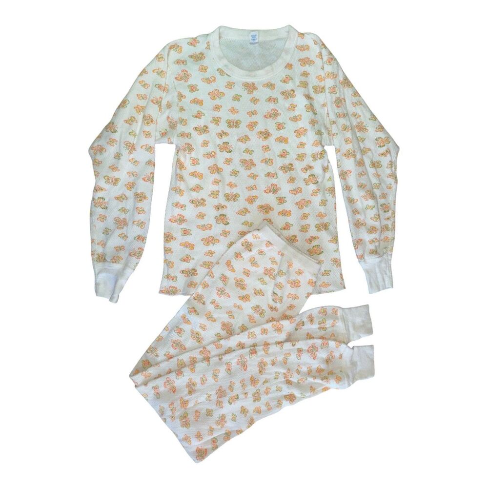 Kmart Vintage 1970s Thermal Butterfly Pajama Set Made In USA Size L Raschel Type